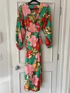 Dress Forum Green Floral Wrap Maxi Dress with Pink & Red Blooms